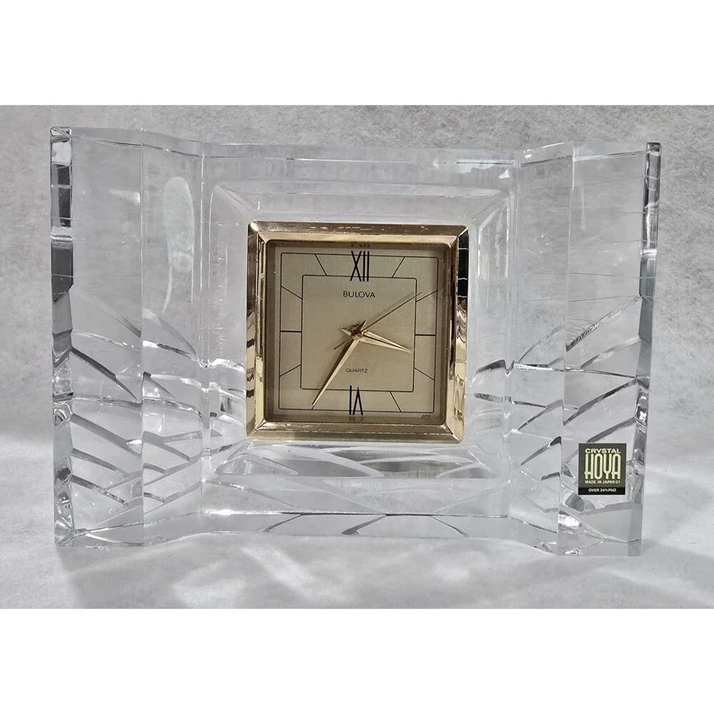 Vintage Bulova Hoya Crystal Quartz Desk Clock Heavy Art Glass Japan - No Chips